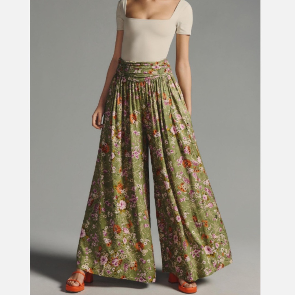 Anthropologie Olive Green Floral Wide-Leg Pants